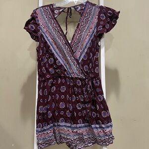 Xhilaration Burgundy Boho Wrap Romper M Tribal Print Tie Back 0238